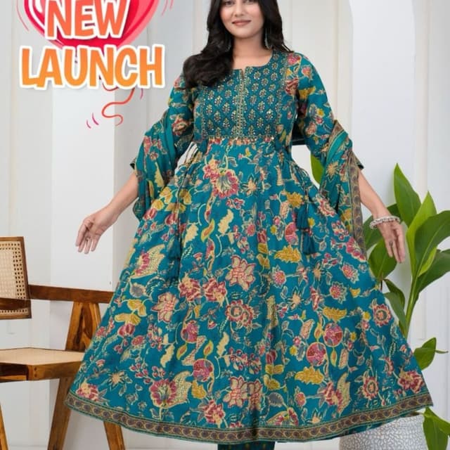 Teal, pink, yellow, and beige Anarkali Dress