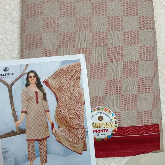 Beige, Red Unstitched Salwar Suit