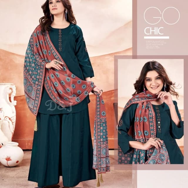 Teal, Red-Brown, Turquoise Sharara Suit