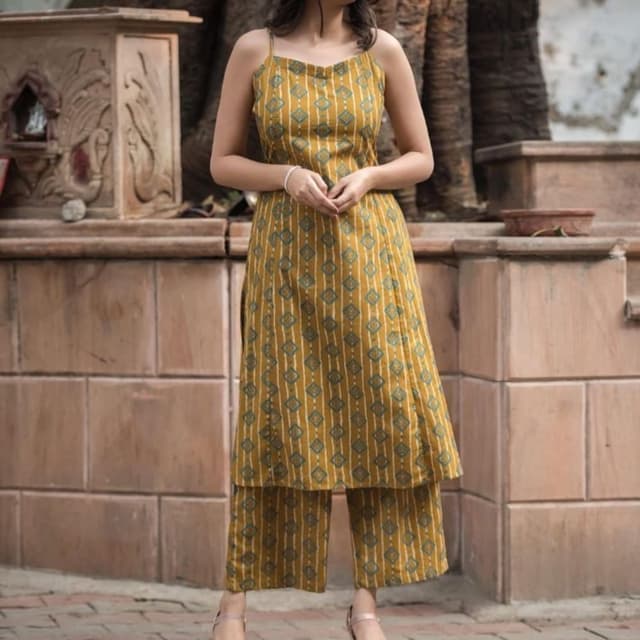 Mustard yellow, white, and teal green Kurta Set
