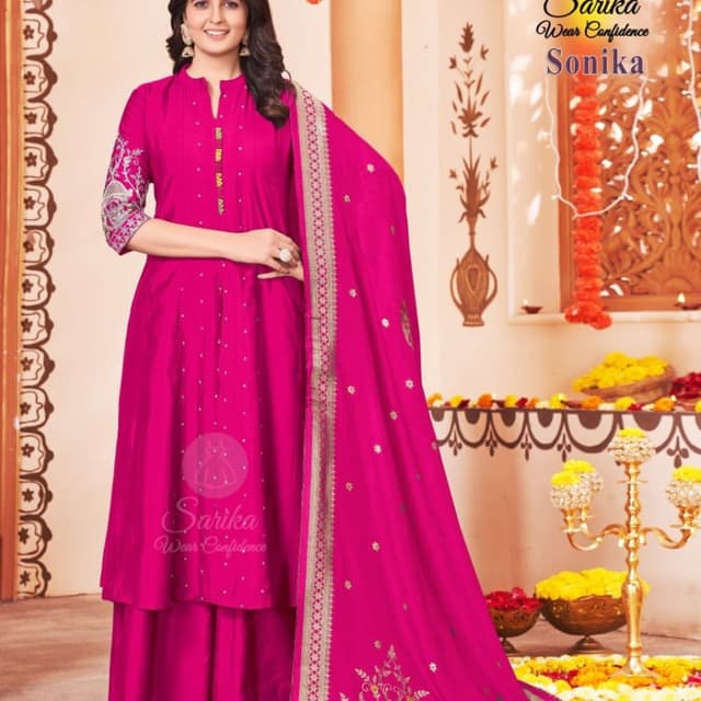Magenta, Gold Salwar Kameez