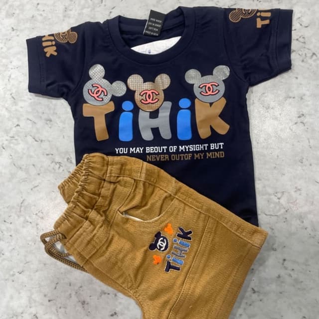 Navy blue, brown, beige, light blue, silver, and coral T-shirt and Pants Set