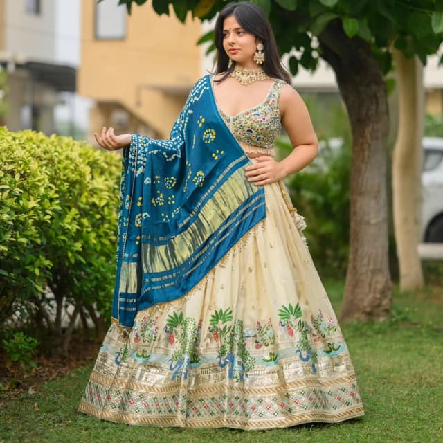 Cream, Teal, Gold, and assorted embroidery colors. Lehenga Choli