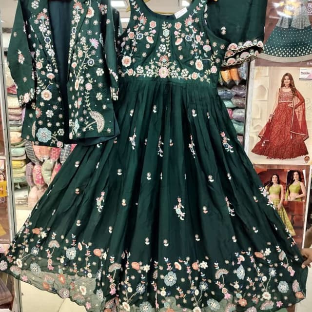 Dark Green with Multi-colored Embroidery Anarkali Dress with Jacket