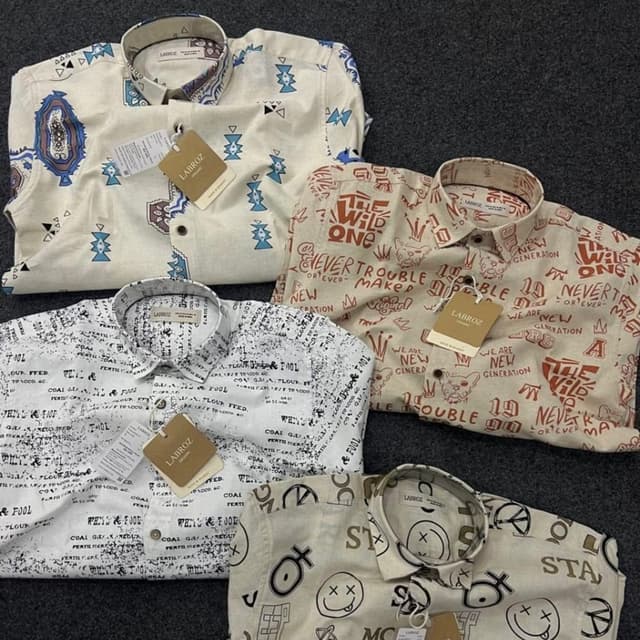 Various, including white, beige, and brown with contrasting patterns in blue, red, and black. Shirt