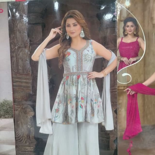 Light Blue, Multicolor (Floral Print), Gray Sharara Suit