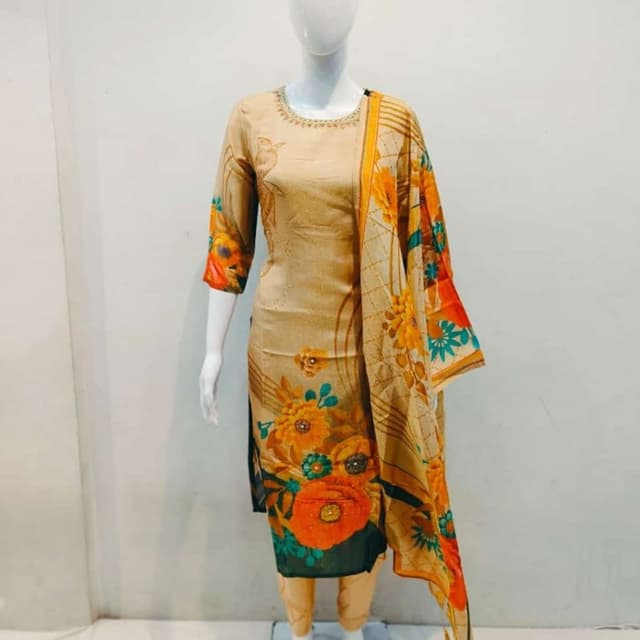 Beige, Orange, Green, and Teal Salwar Kameez with Dupatta