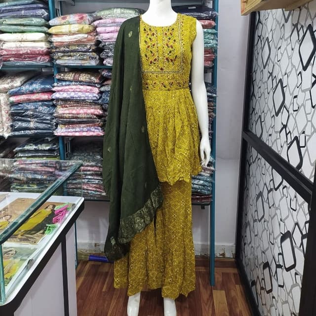 Mustard Yellow and Dark Green Sharara Suit