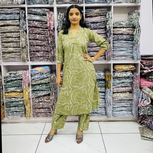 Olive green with white Kurta Set