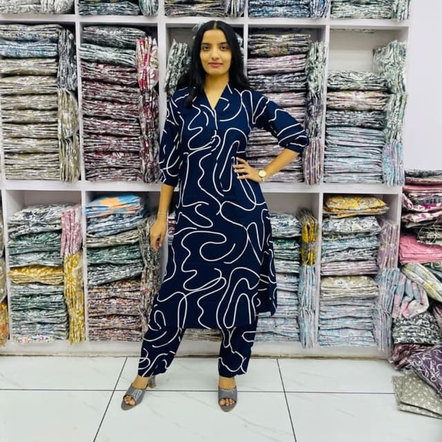 Navy blue and White Kurta and Pants Set