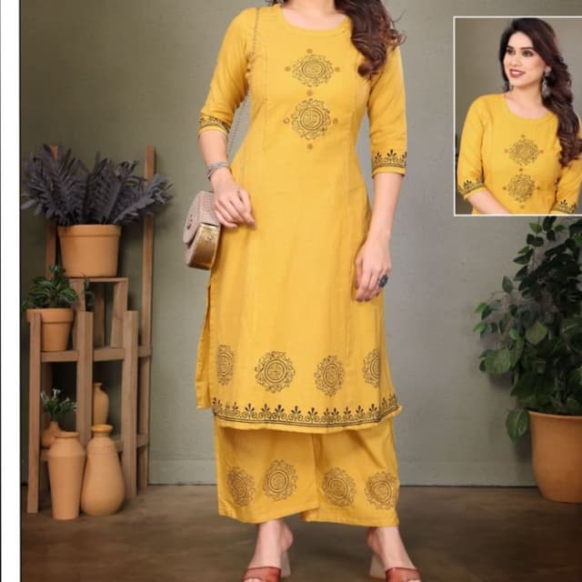 Mustard yellow with black detailing Kurta with palazzo pants