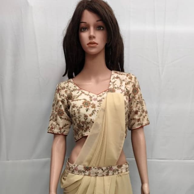 Beige, Cream, Red, Brown, Green Saree