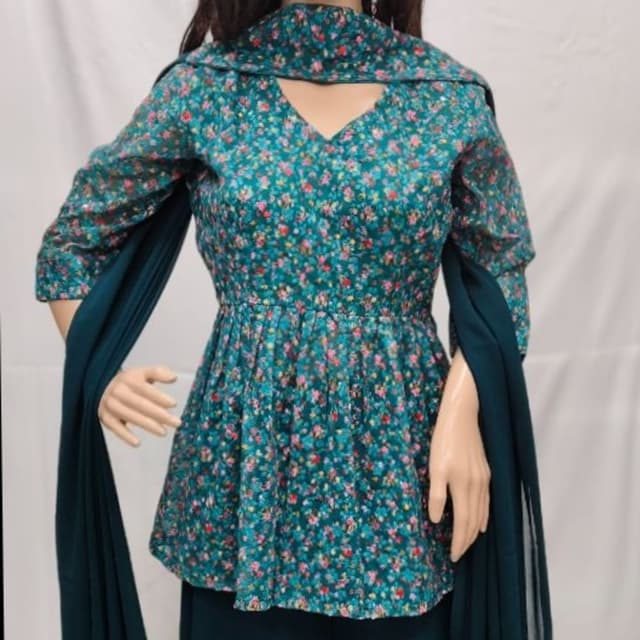 Teal, Pink, and hints of other floral colors Peplum Top with Scarf