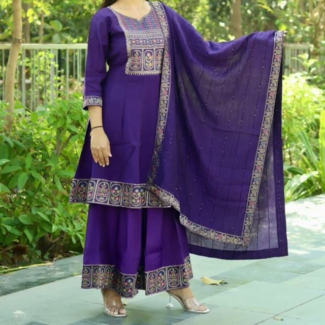 Purple with gold, pink, green, and blue accents Salwar Kameez Suit with Dupatta