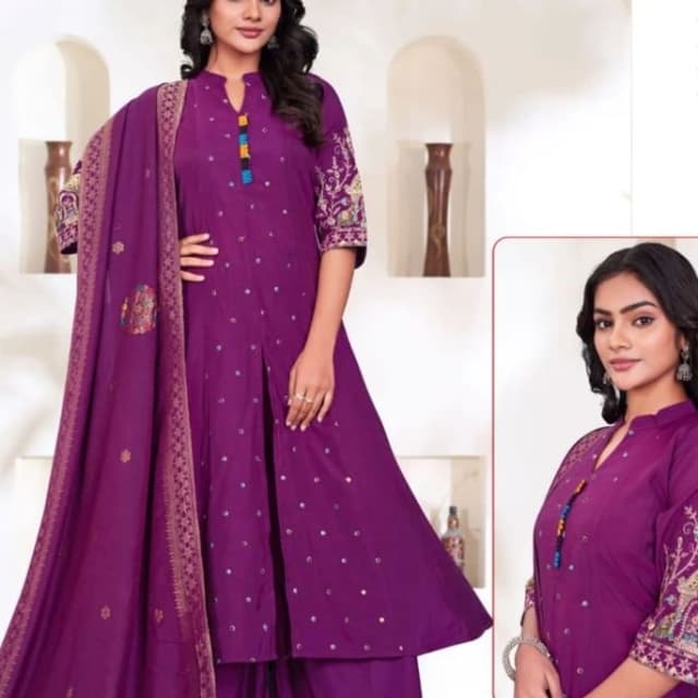 Purple with accents of gold, blue, and yellow Salwar Suit