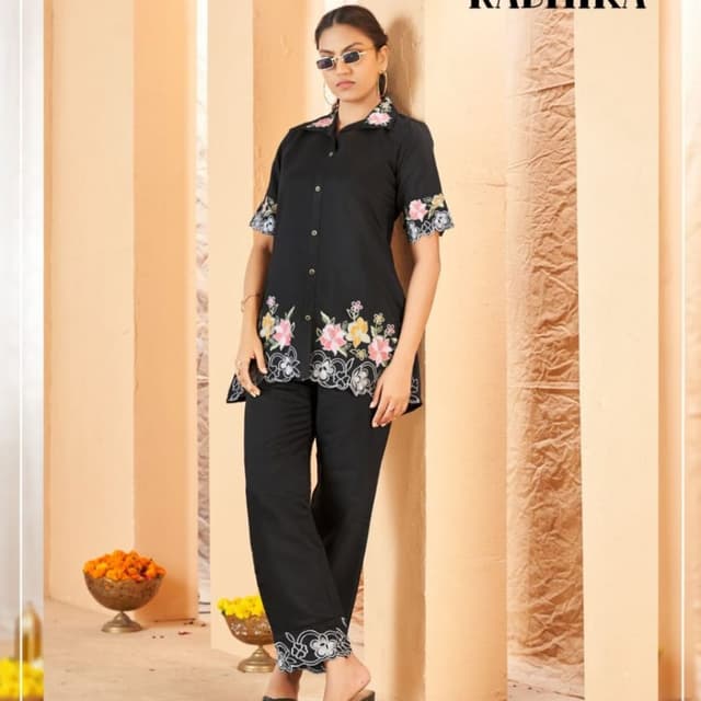 Black with floral accents (pink, yellow, and white) Top and Pants Set