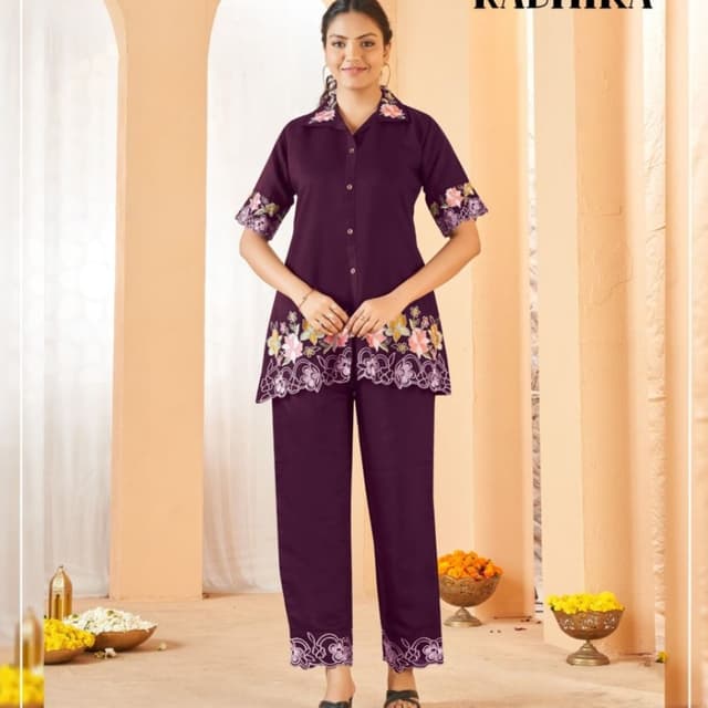 Deep Purple, with Multicolor Floral Embroidery Co-ord Set