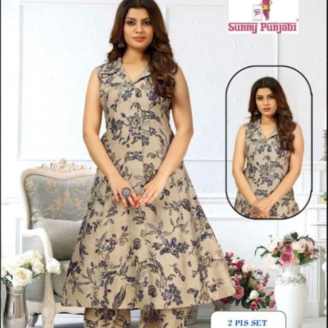 Beige and Navy Blue Kurta Set