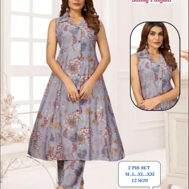 Light Blue, with floral patterns in shades of pink, brown, and gold Kurti with pants