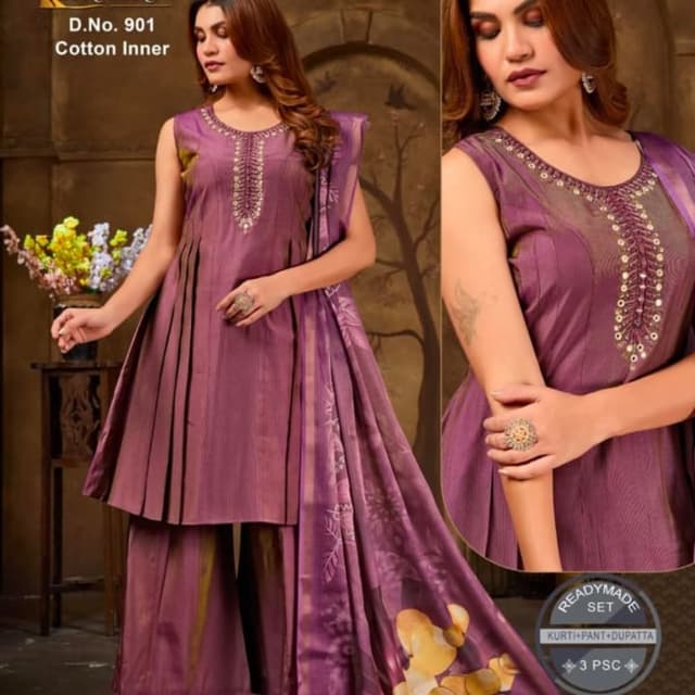 Mauve, Gold Kurti, Pant, Dupatta