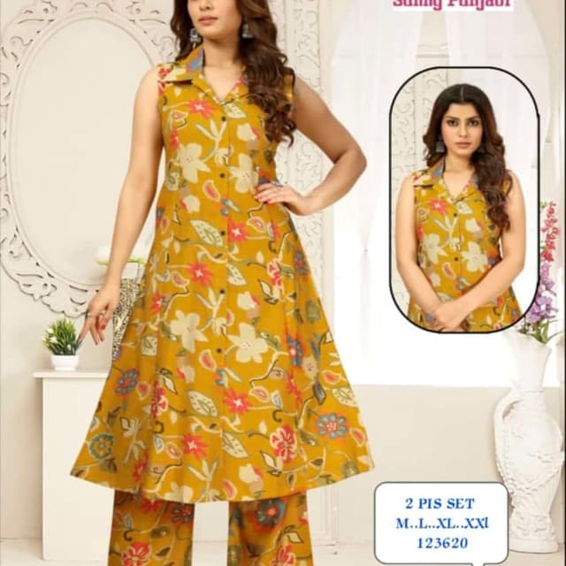 Mustard yellow with floral print in cream, red, and blue 2-piece Suit Set