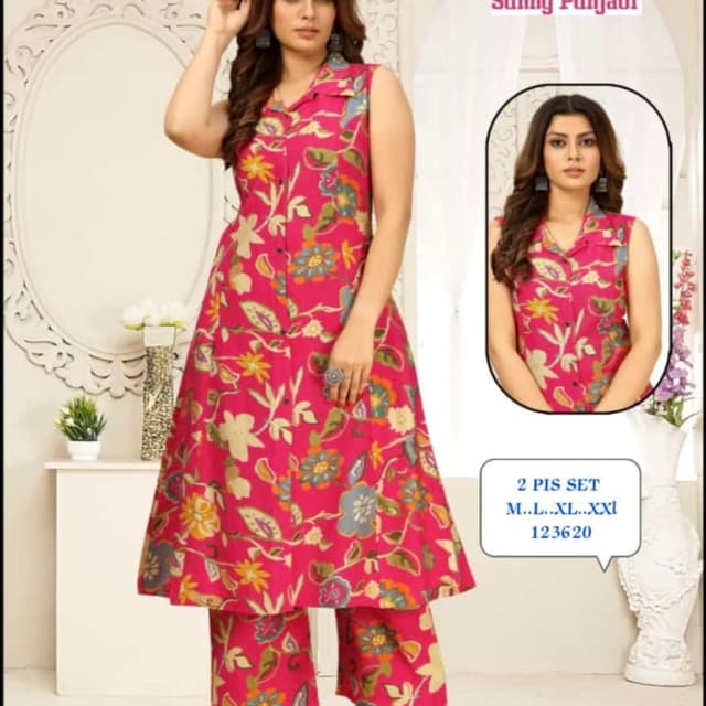Magenta with floral patterns in yellow, blue, and green Kurta Set