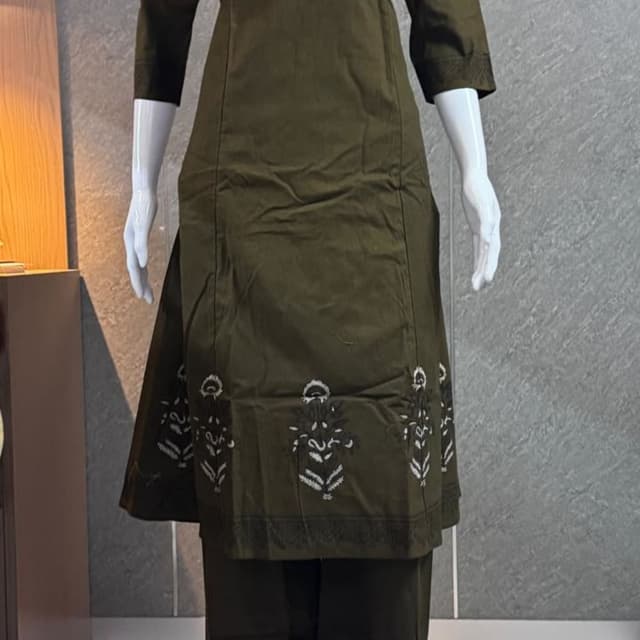 Olive Green with White and Black accents Kurta with Pants