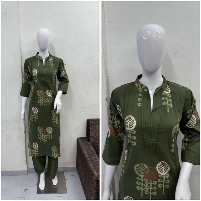 Dark Green with brown, off-white accents Kurta with pants