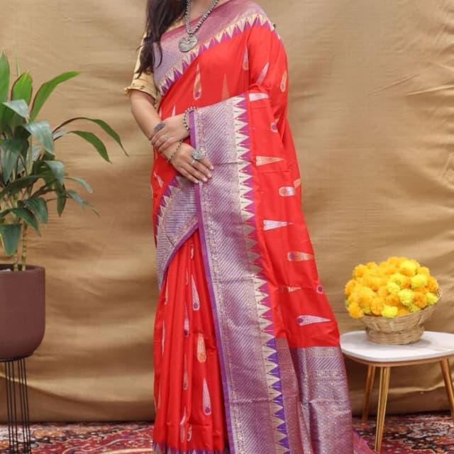 Red, Purple, Silver, and Gold Saree