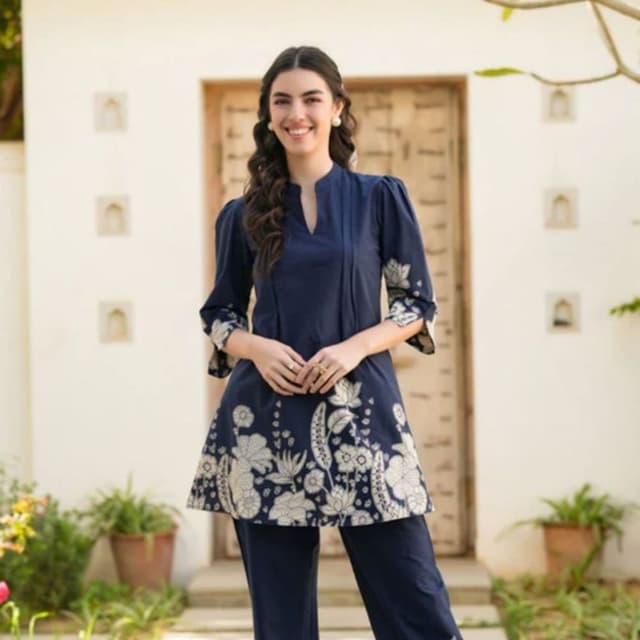 Navy Blue and Off-White Kurta with Pants