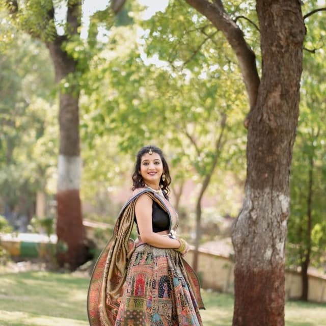 Multi-colored with dominant shades of brown, gold, black, blue, and red. Saree