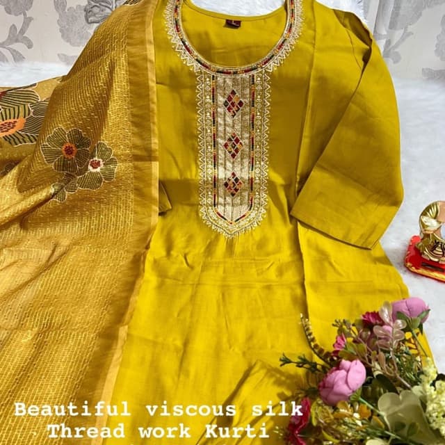 Mustard Yellow, Gold, Red, Green Kurti with Dupatta