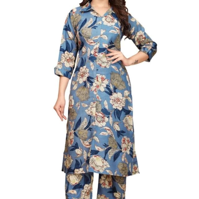 Blue, white, grey, and red Kurta with pants