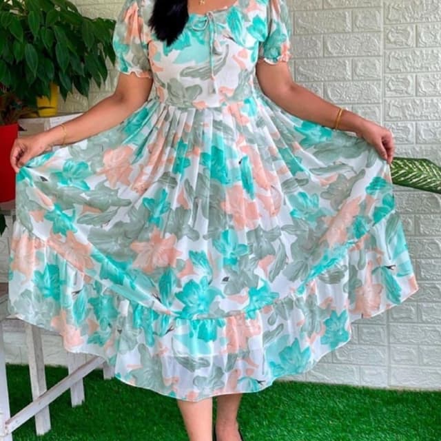 White, Teal, Peach, and Gray Dress
