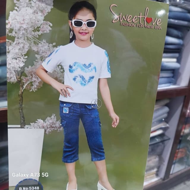White, Blue Top and Capri Pants Set