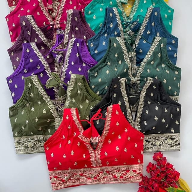 Various vibrant colors including red, black, green, purple, and teal. Blouse