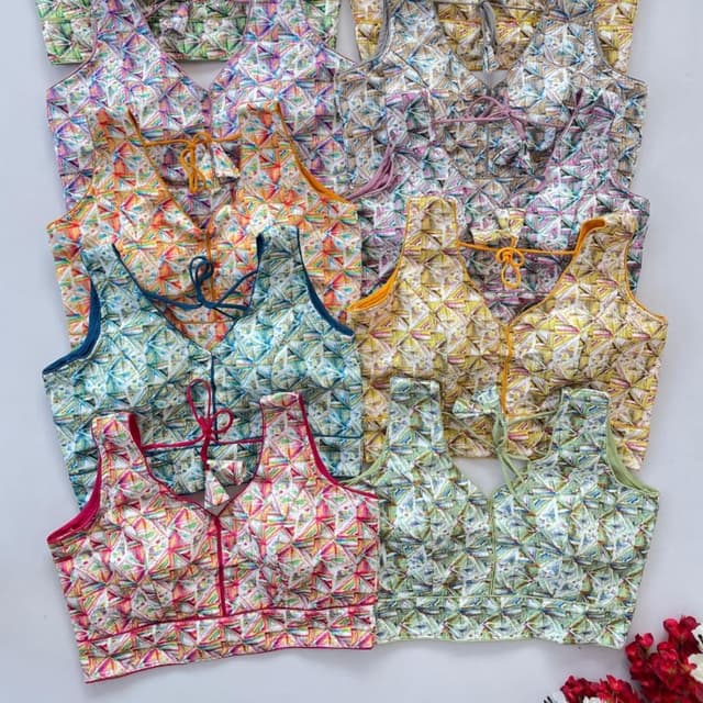 Multi-colored with dominant shades of pink, orange, yellow, and blue Blouse