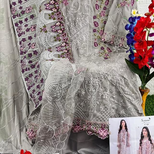 Gray, White, Purple, Green Salwar Kameez