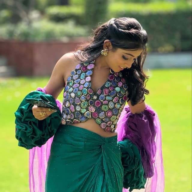 Emerald green, Purple, Multicolor Blouse and Skirt set