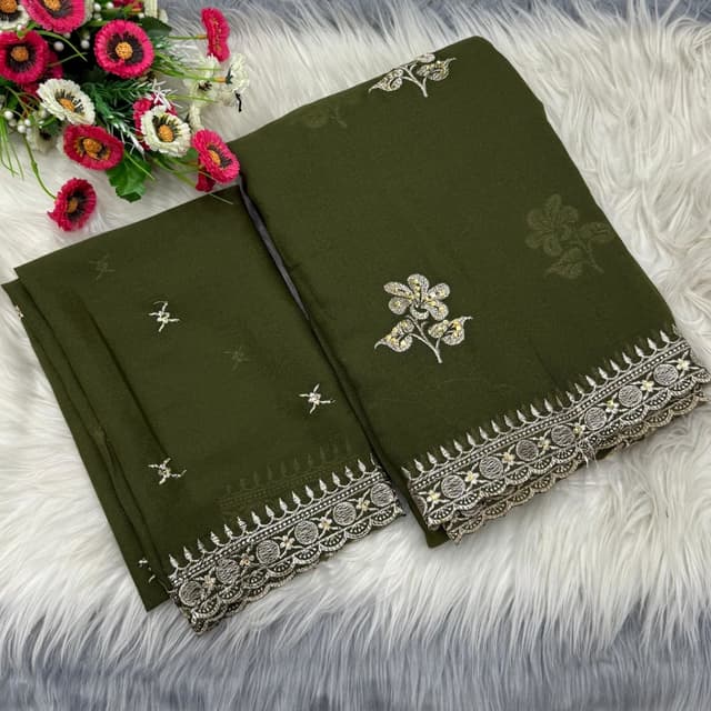 Olive Green with Silver and Gold accents Saree