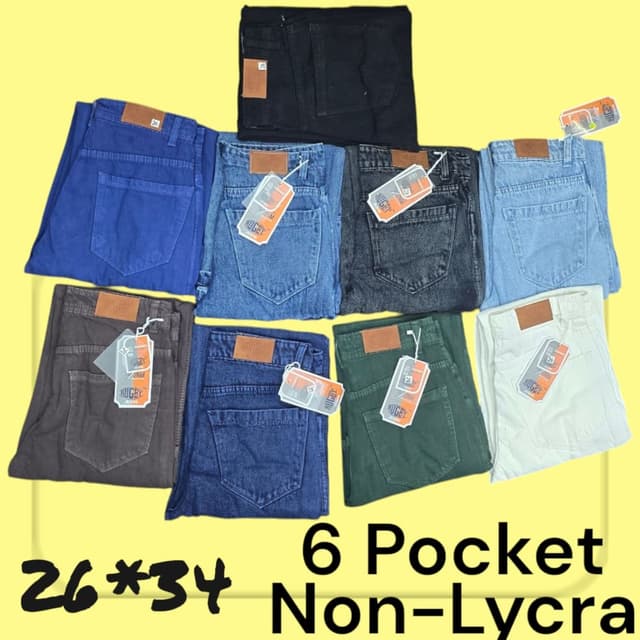 Various shades of blue, black, gray, brown, green, and off-white Jeans