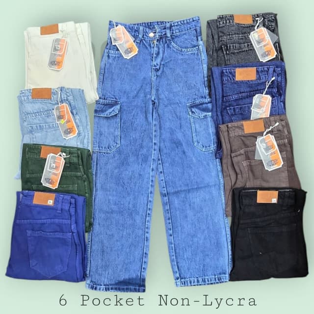 Various shades of blue, black, brown, green, and cream Jeans
