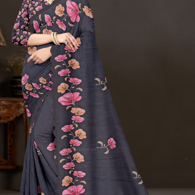Charcoal grey, pink, peach Saree