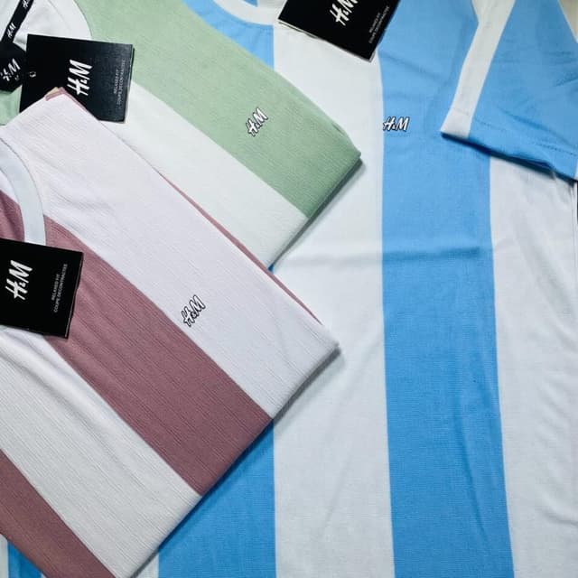 Various pastel colors including pink, green, and blue with white stripes T-shirt
