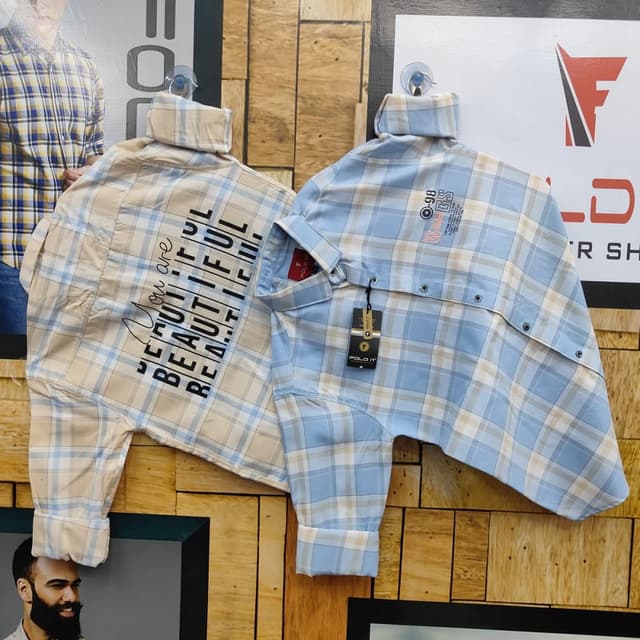 Light Blue, Beige, White Shirt