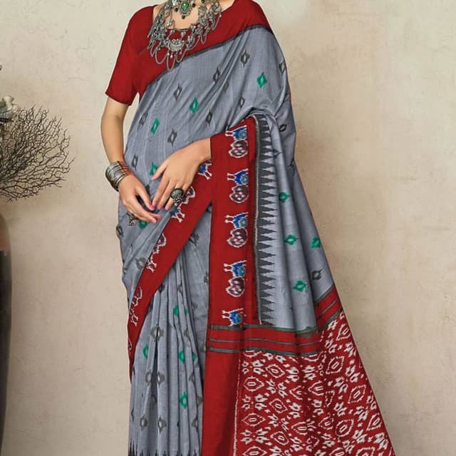 Gray, Red, and accents of Green and Blue Saree