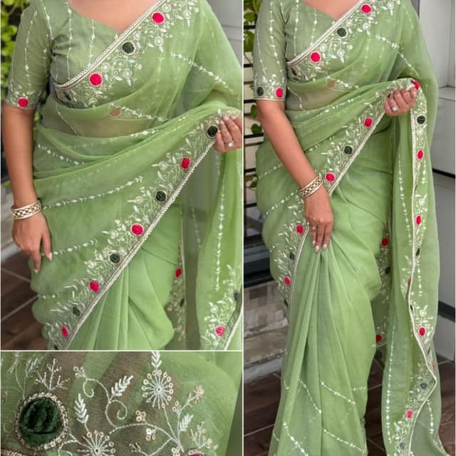 Green, Red, White Saree