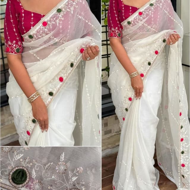 White, Maroon, Green, Pink Saree