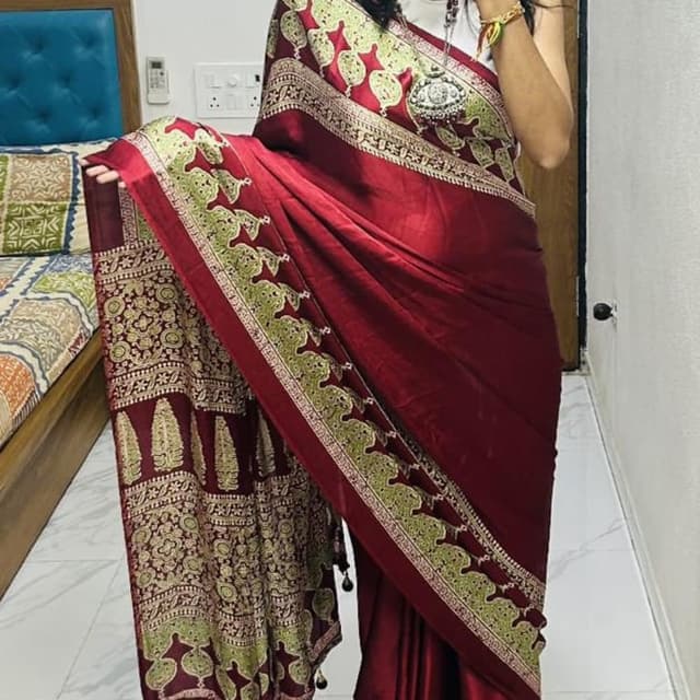 Maroon, Gold, and Off-white Saree
