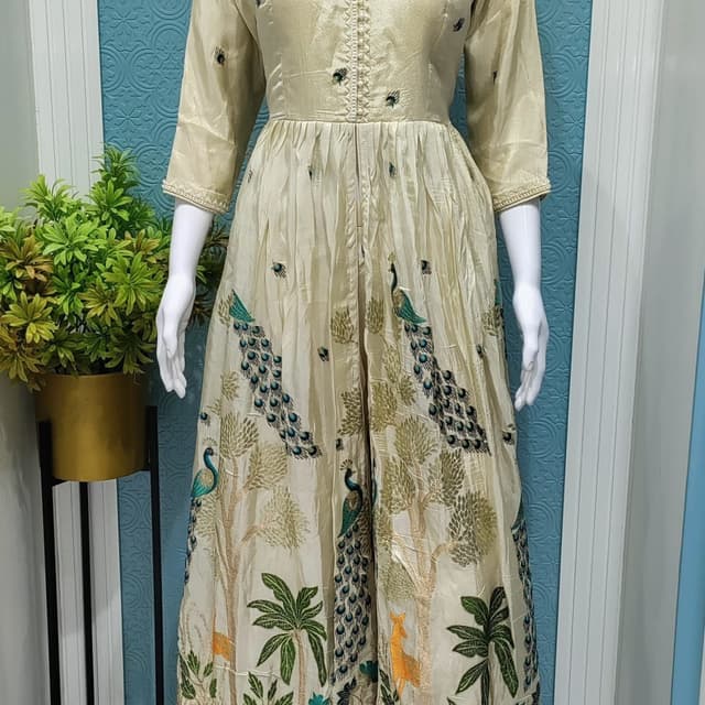 Ivory, Teal, Gold, Orange, Green Dress